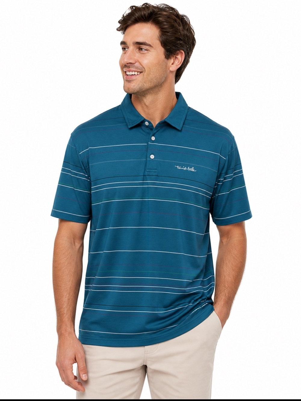 Travis Mathew Polo Shirt Mens Size Large Blue Striped Golf Casual Stretch